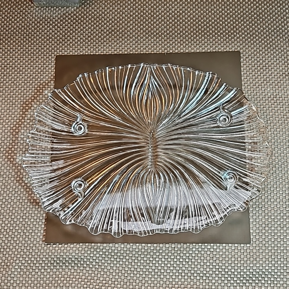 Vintage Mikasa Crystal "Seascape" Large Oval Glass Footed Platter 1980s